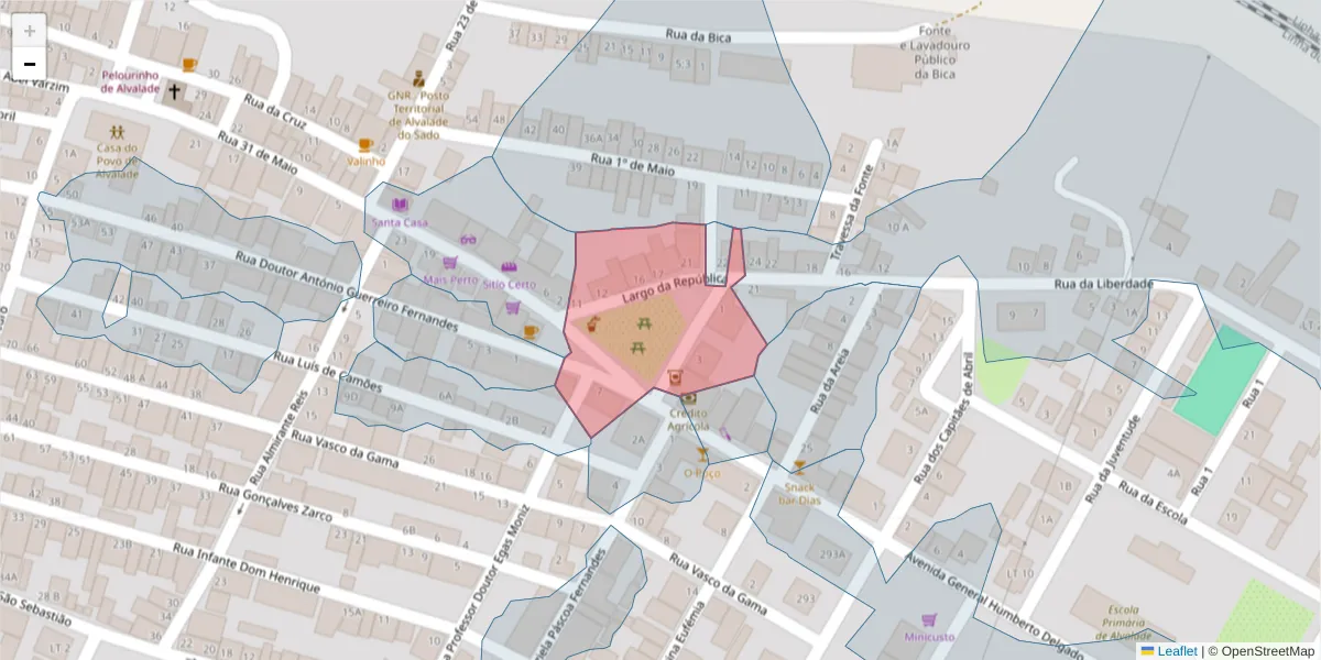 Mapa detalhado do código postal 7565-020 com limites, códigos postais vizinhos e agências dos correios