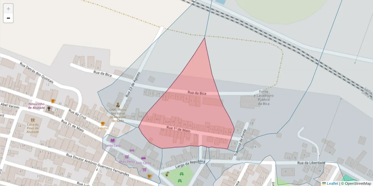 Mapa detalhado do código postal 7565-032 com limites, códigos postais vizinhos e agências dos correios