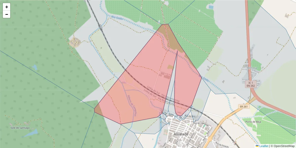 Mapa detalhado do código postal 7565-045 com limites, códigos postais vizinhos e agências dos correios