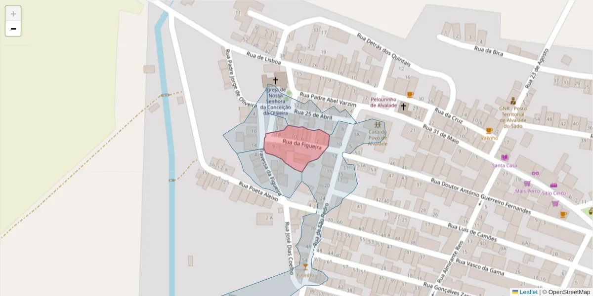 Mapa detalhado do código postal 7565-048 com limites, códigos postais vizinhos e agências dos correios