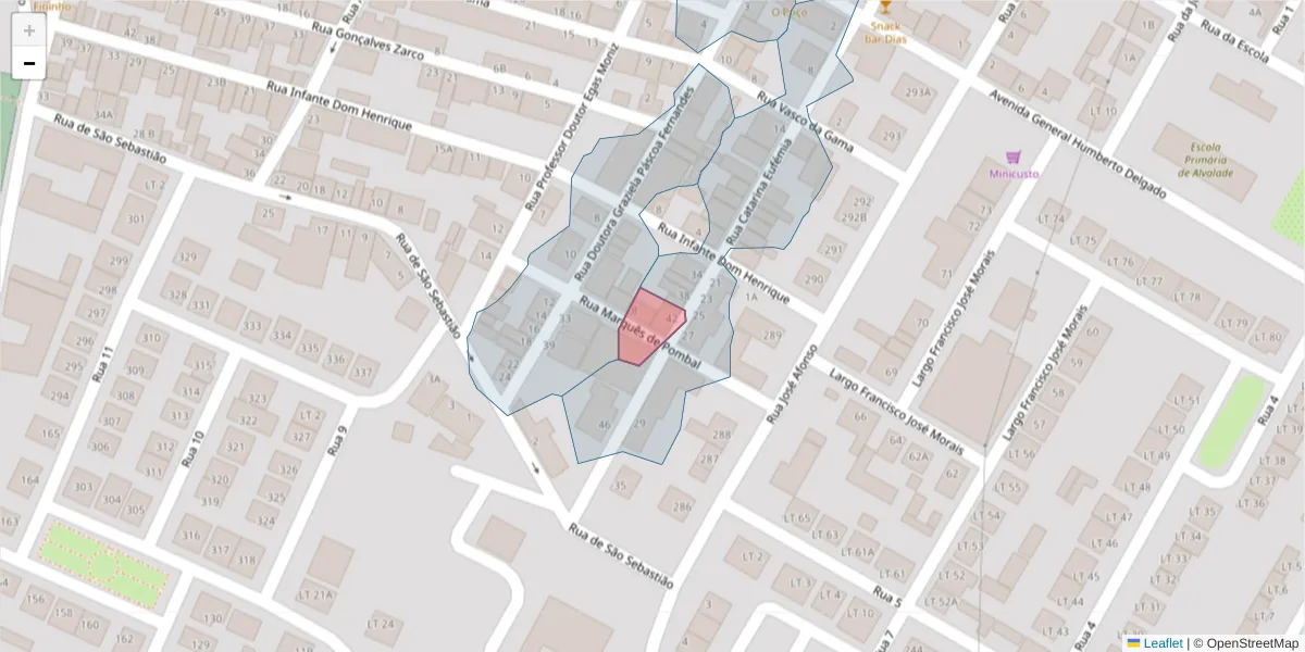 Mapa detalhado do código postal 7565-065 com limites, códigos postais vizinhos e agências dos correios