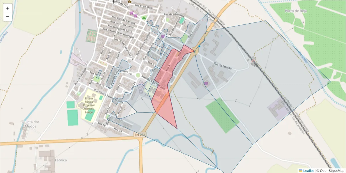 Mapa detalhado do código postal 7565-077 com limites, códigos postais vizinhos e agências dos correios