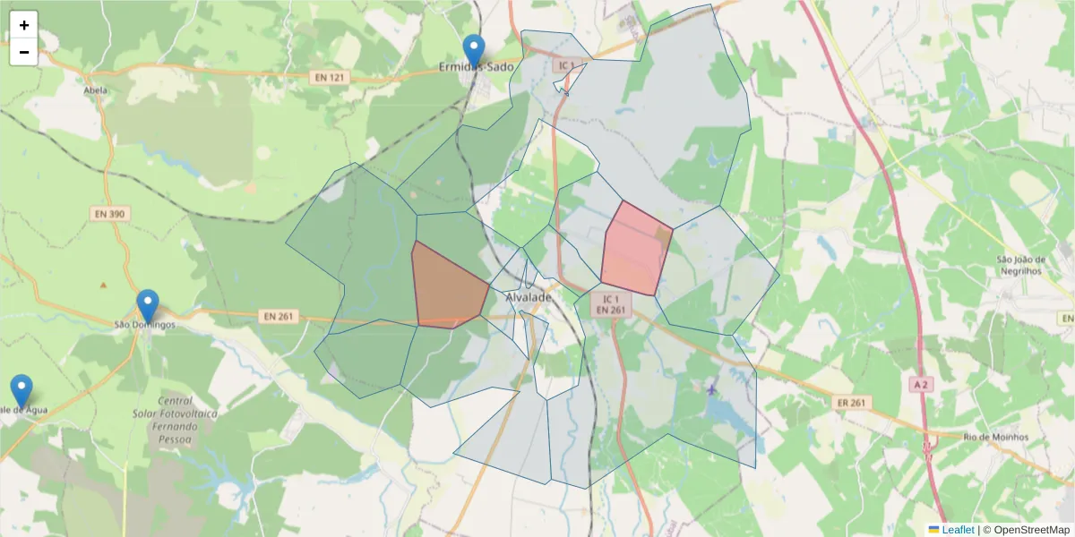 Mapa detalhado do código postal 7565-086 com limites, códigos postais vizinhos e agências dos correios