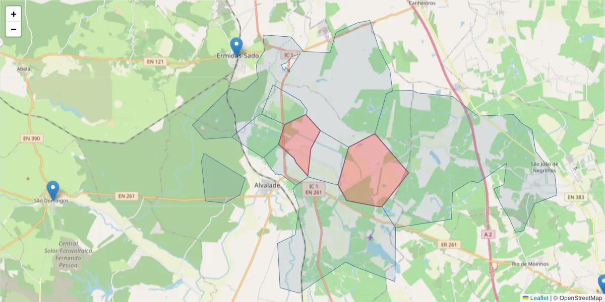 Mapa detalhado do código postal 7565-107 com limites, códigos postais vizinhos e agências dos correios