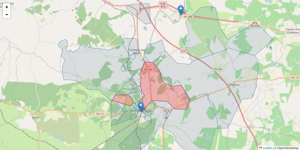 Mapa detalhado do código postal 7565-257 com limites, códigos postais vizinhos e agências dos correios