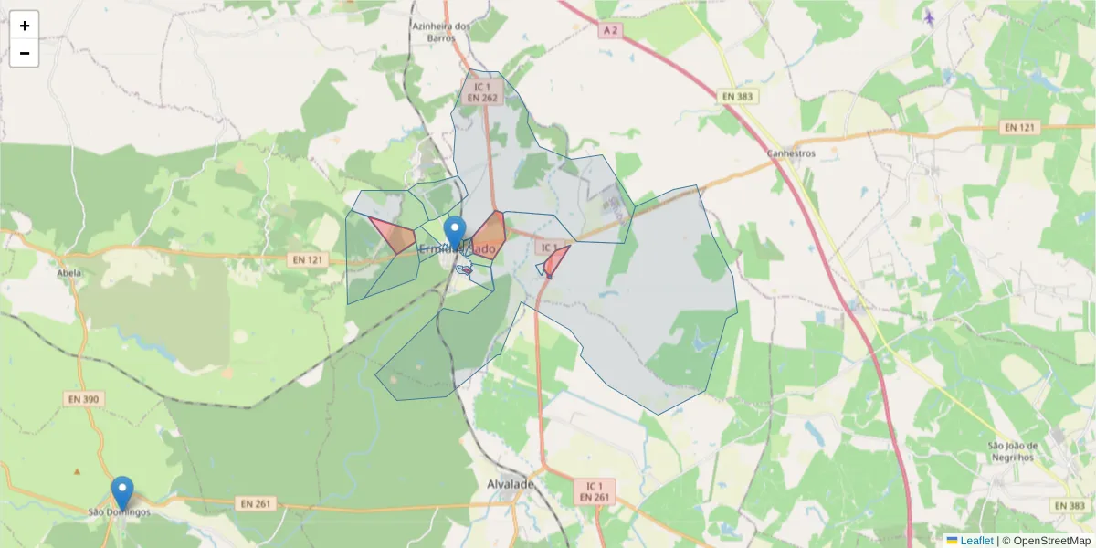 Mapa detalhado do código postal 7565-258 com limites, códigos postais vizinhos e agências dos correios