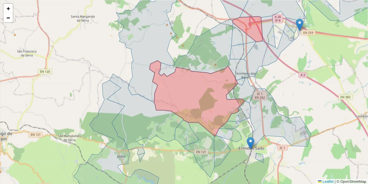 Mapa detalhado do código postal 7570-004 com limites, códigos postais vizinhos e agências dos correios