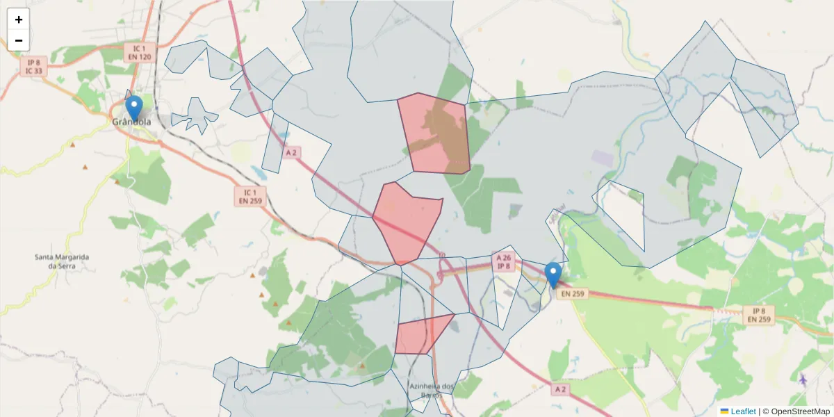 Mapa detalhado do código postal 7570-009 com limites, códigos postais vizinhos e agências dos correios