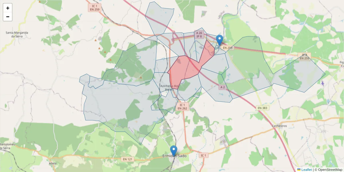 Mapa detalhado do código postal 7570-011 com limites, códigos postais vizinhos e agências dos correios
