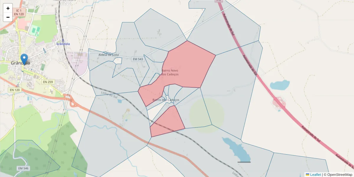 Mapa detalhado do código postal 7570-105 com limites, códigos postais vizinhos e agências dos correios