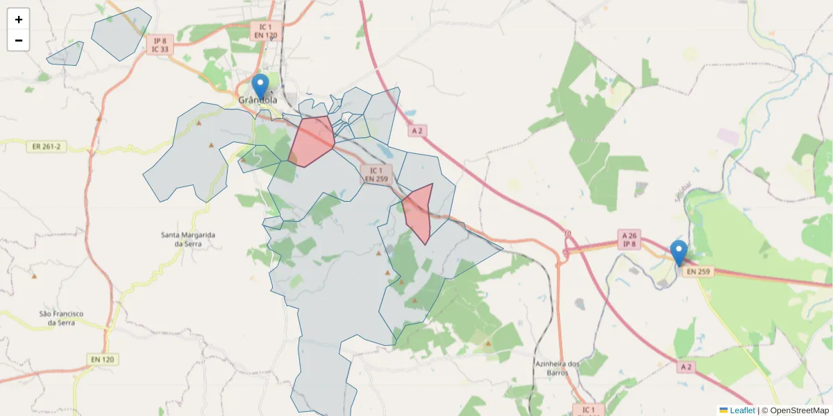 Mapa detalhado do código postal 7570-107 com limites, códigos postais vizinhos e agências dos correios