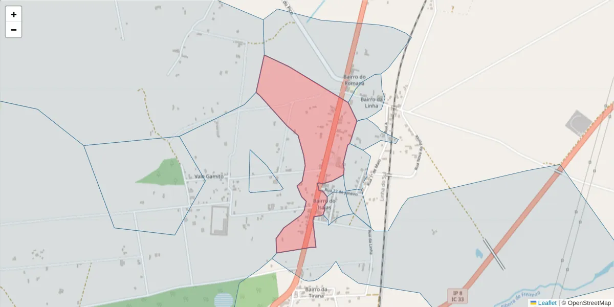 Mapa detalhado do código postal 7570-124 com limites, códigos postais vizinhos e agências dos correios
