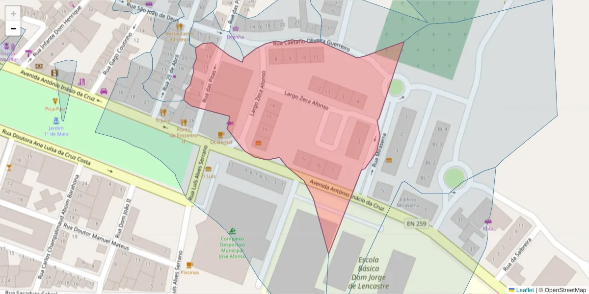 Mapa detalhado do código postal 7570-133 com limites, códigos postais vizinhos e agências dos correios