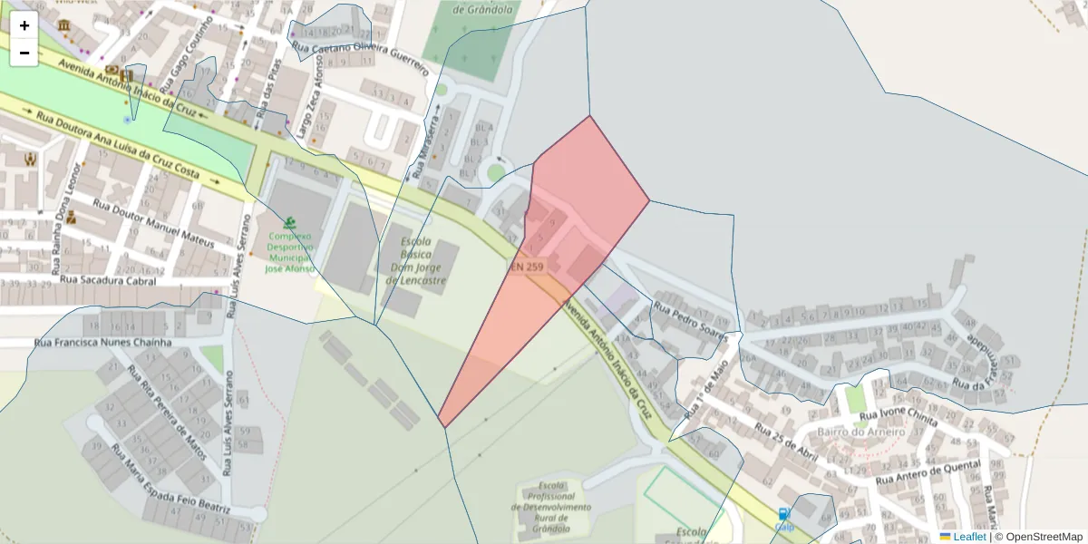 Mapa detalhado do código postal 7570-182 com limites, códigos postais vizinhos e agências dos correios