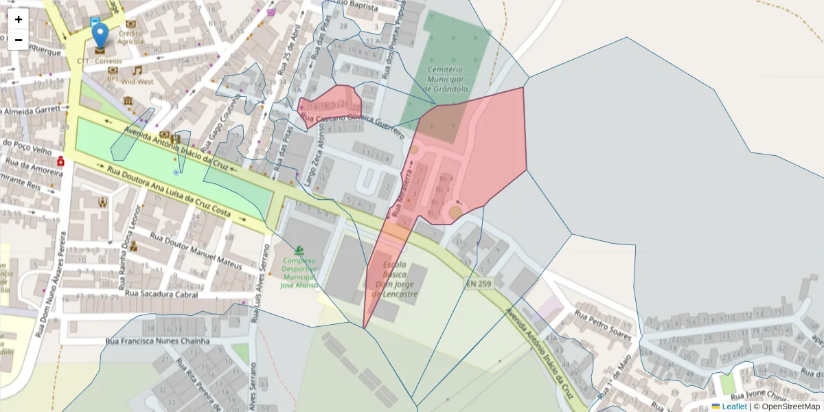 Mapa detalhado do código postal 7570-195 com limites, códigos postais vizinhos e agências dos correios