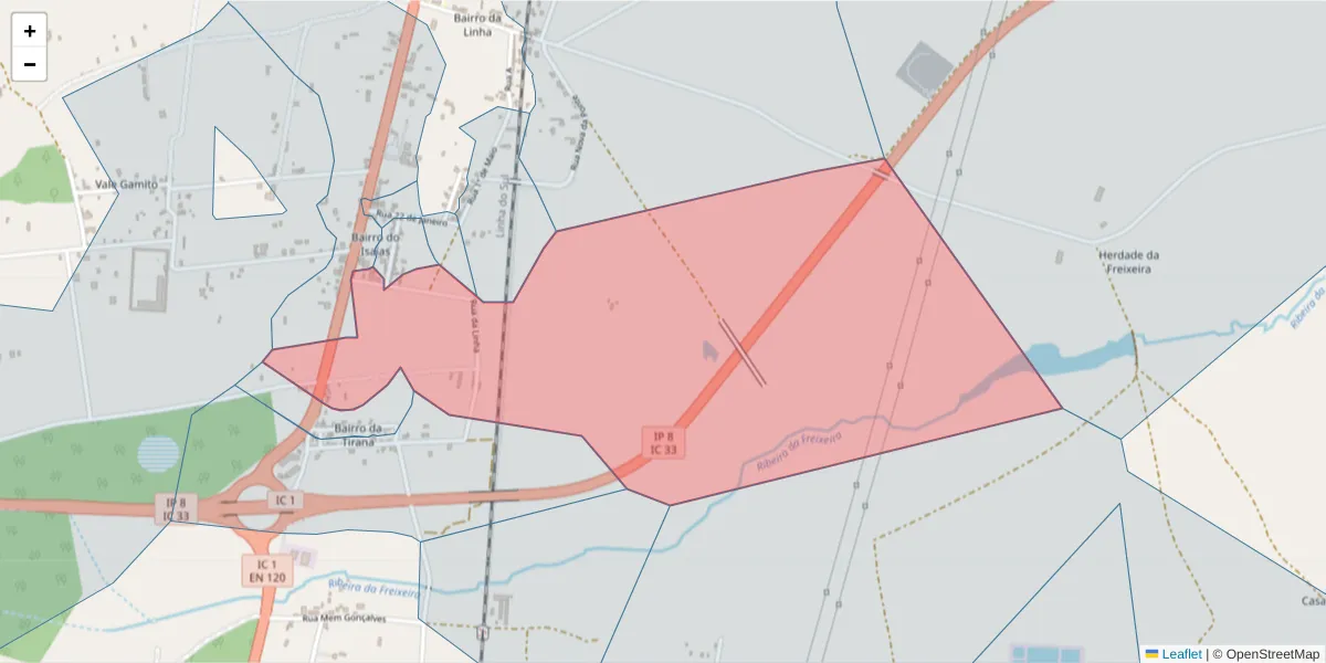 Mapa detalhado do código postal 7570-218 com limites, códigos postais vizinhos e agências dos correios
