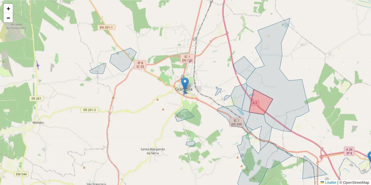 Mapa detalhado do código postal 7570-221 com limites, códigos postais vizinhos e agências dos correios