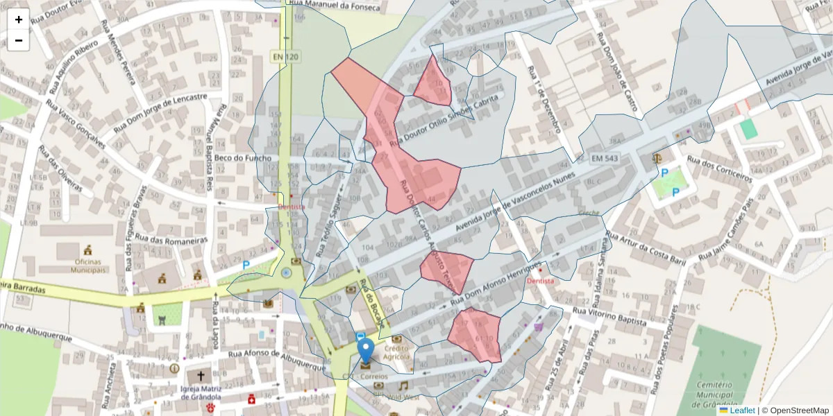 Mapa detalhado do código postal 7570-247 com limites, códigos postais vizinhos e agências dos correios