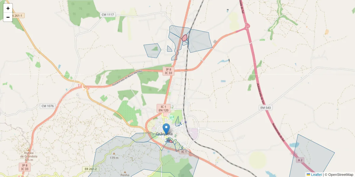 Mapa detalhado do código postal 7570-255 com limites, códigos postais vizinhos e agências dos correios