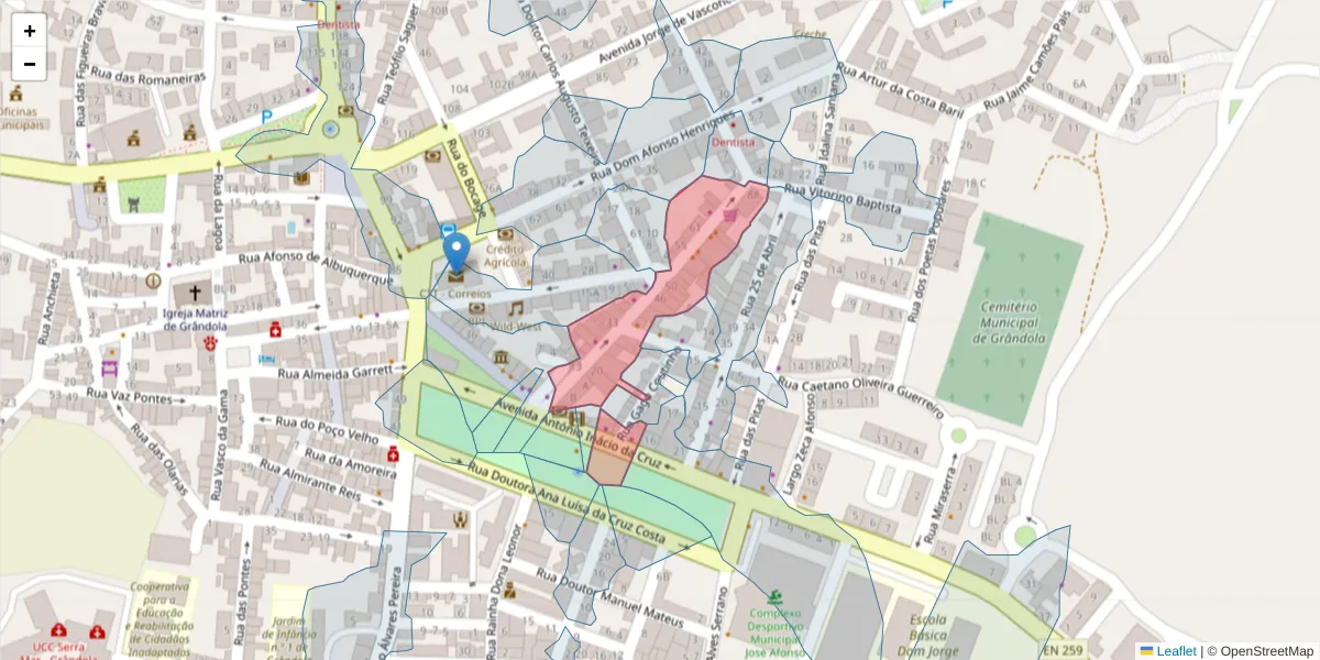 Mapa detalhado do código postal 7570-270 com limites, códigos postais vizinhos e agências dos correios