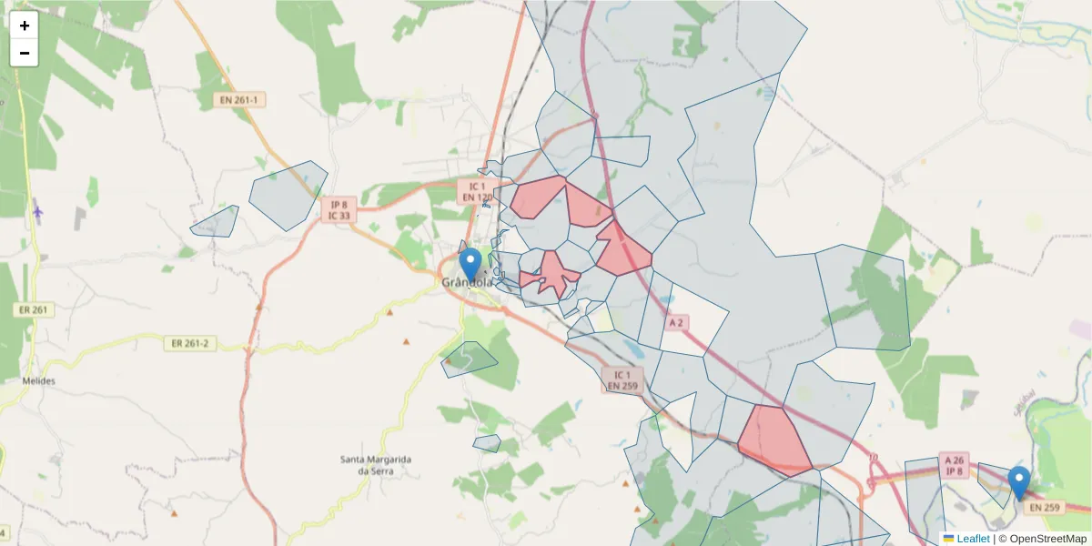 Mapa detalhado do código postal 7570-303 com limites, códigos postais vizinhos e agências dos correios