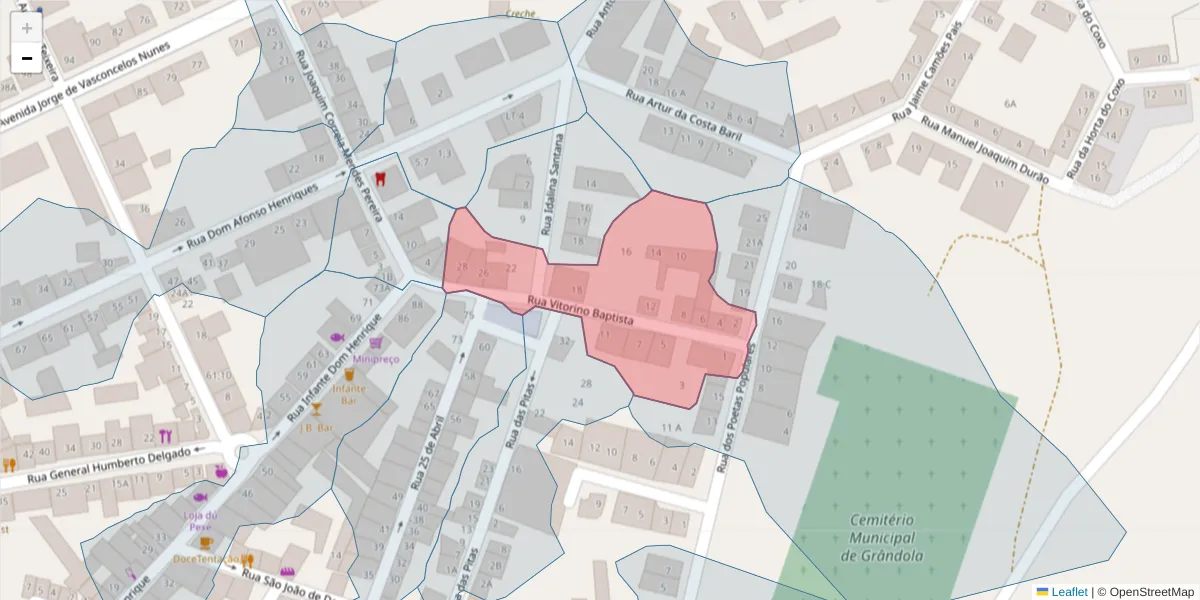 Mapa detalhado do código postal 7570-317 com limites, códigos postais vizinhos e agências dos correios