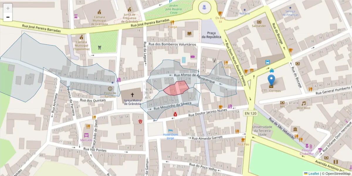 Mapa detalhado do código postal 7570-322 com limites, códigos postais vizinhos e agências dos correios