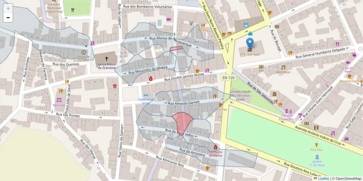 Mapa detalhado do código postal 7570-323 com limites, códigos postais vizinhos e agências dos correios