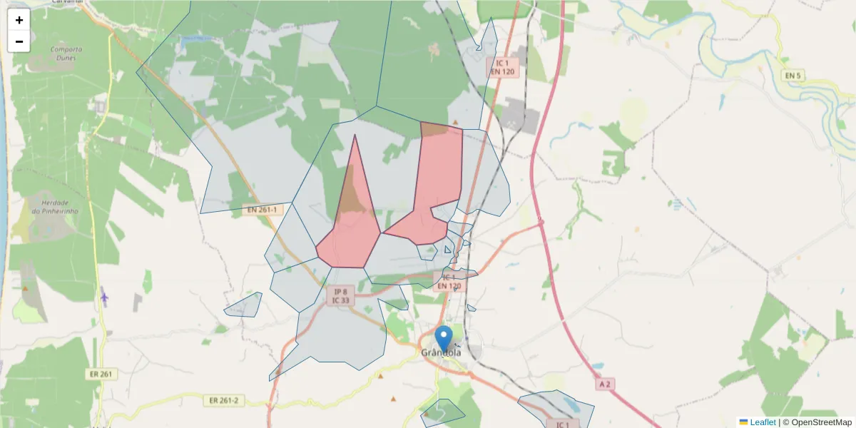 Mapa detalhado do código postal 7570-333 com limites, códigos postais vizinhos e agências dos correios