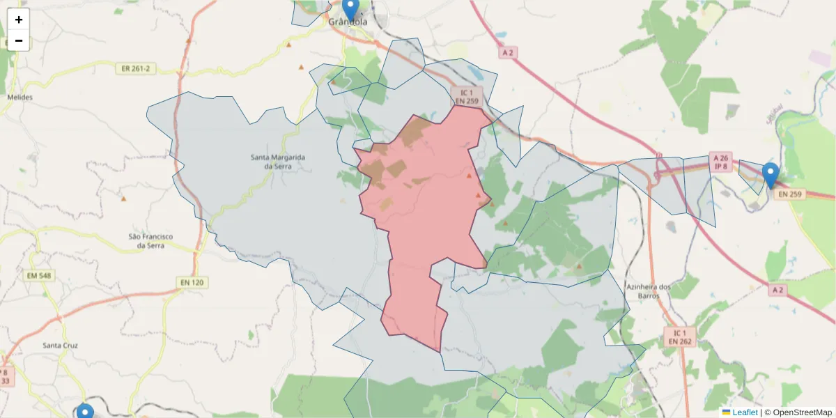 Mapa detalhado do código postal 7570-336 com limites, códigos postais vizinhos e agências dos correios