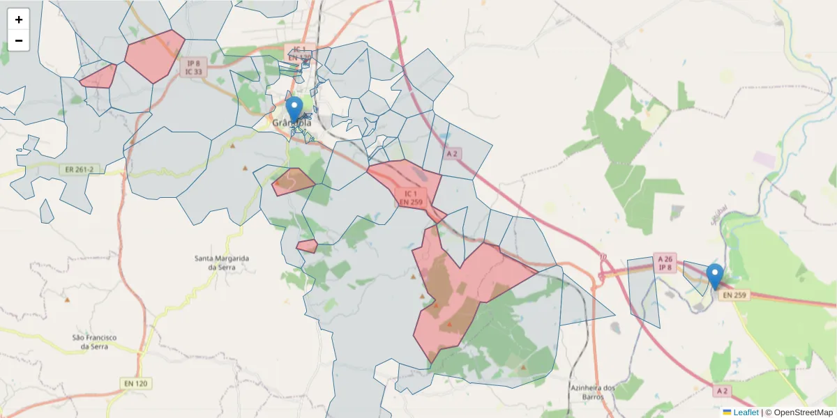 Mapa detalhado do código postal 7570-344 com limites, códigos postais vizinhos e agências dos correios