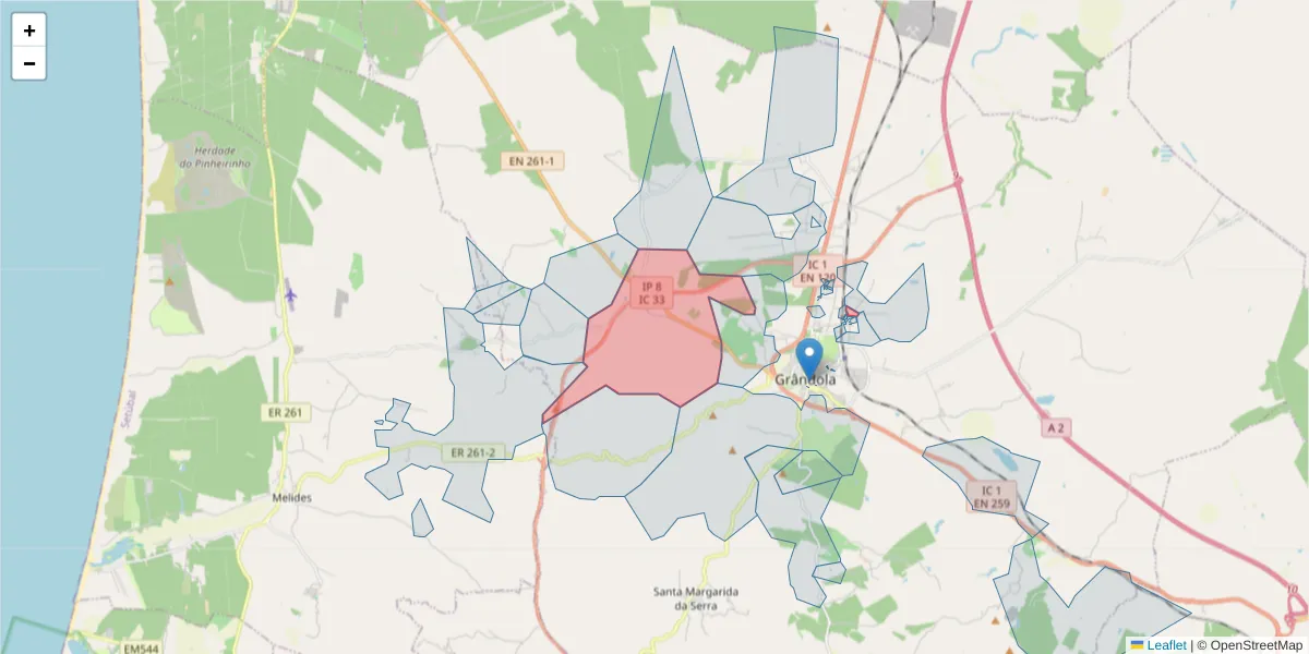 Mapa detalhado do código postal 7570-351 com limites, códigos postais vizinhos e agências dos correios