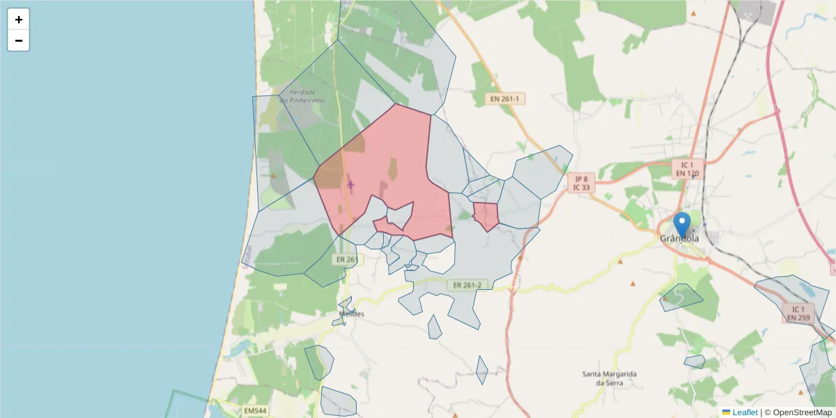 Mapa detalhado do código postal 7570-503 com limites, códigos postais vizinhos e agências dos correios