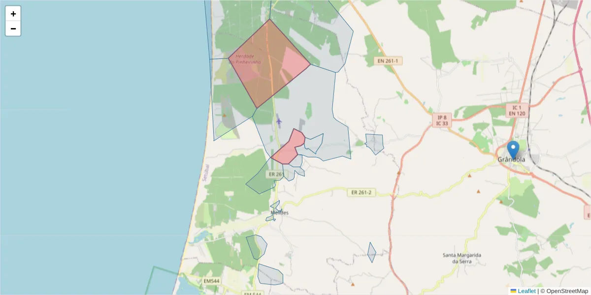 Mapa detalhado do código postal 7570-504 com limites, códigos postais vizinhos e agências dos correios