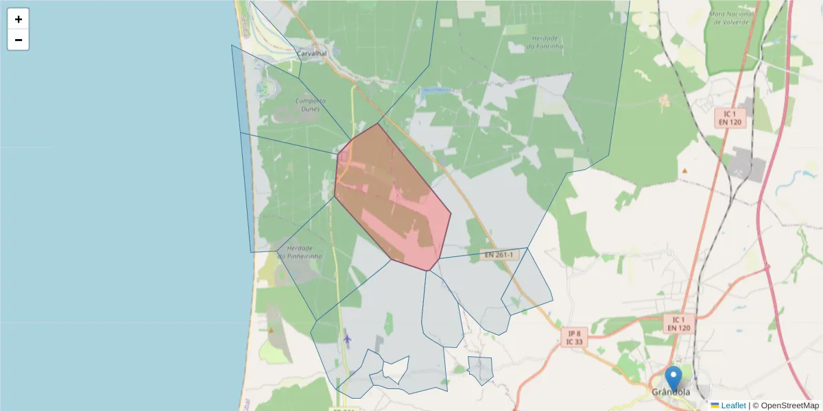 Mapa detalhado do código postal 7570-516 com limites, códigos postais vizinhos e agências dos correios