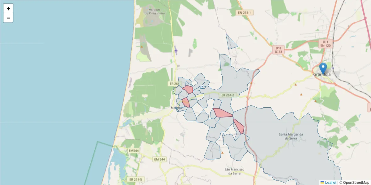 Mapa detalhado do código postal 7570-611 com limites, códigos postais vizinhos e agências dos correios