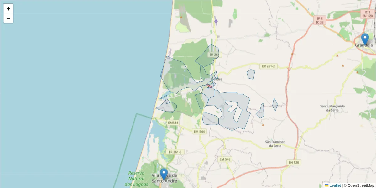 Mapa detalhado do código postal 7570-713 com limites, códigos postais vizinhos e agências dos correios