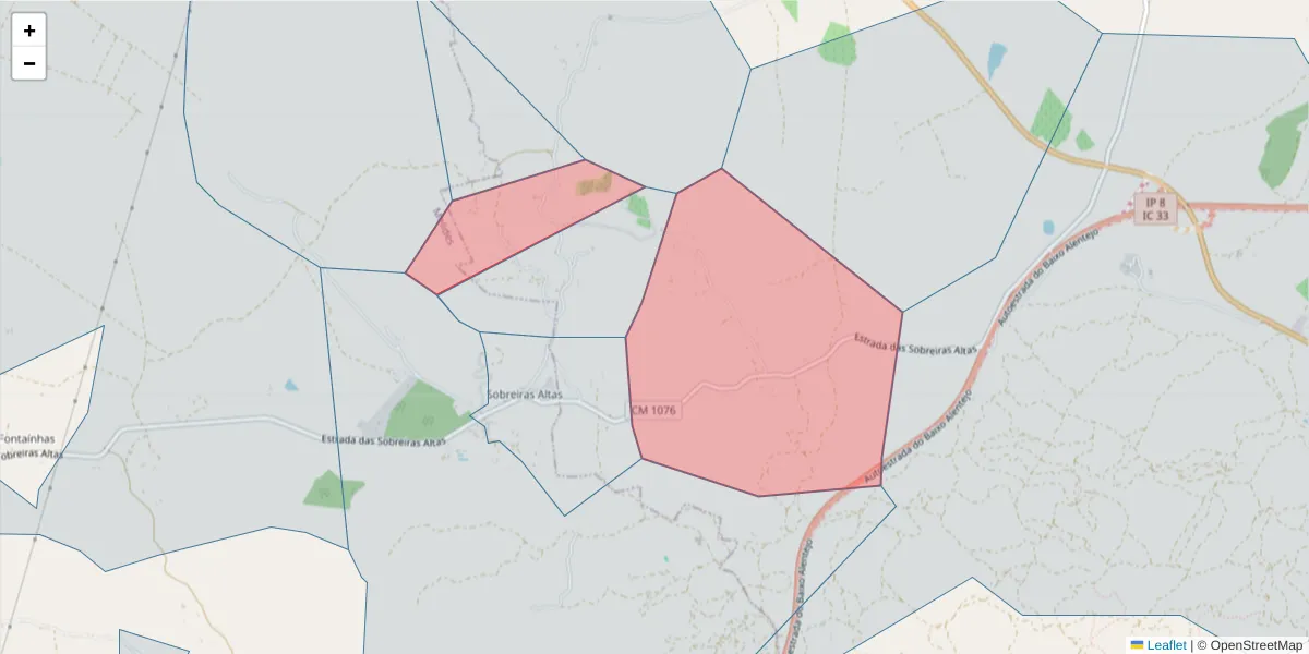 Mapa detalhado do código postal 7570-743 com limites, códigos postais vizinhos e agências dos correios