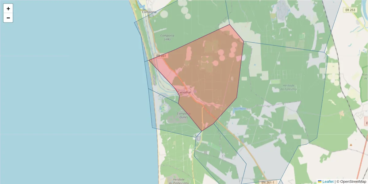 Mapa detalhado do código postal 7570-779 com limites, códigos postais vizinhos e agências dos correios