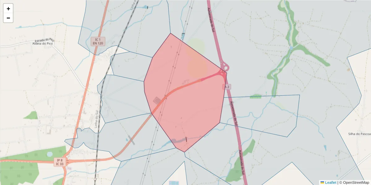 Mapa detalhado do código postal 7570-909 com limites, códigos postais vizinhos e agências dos correios