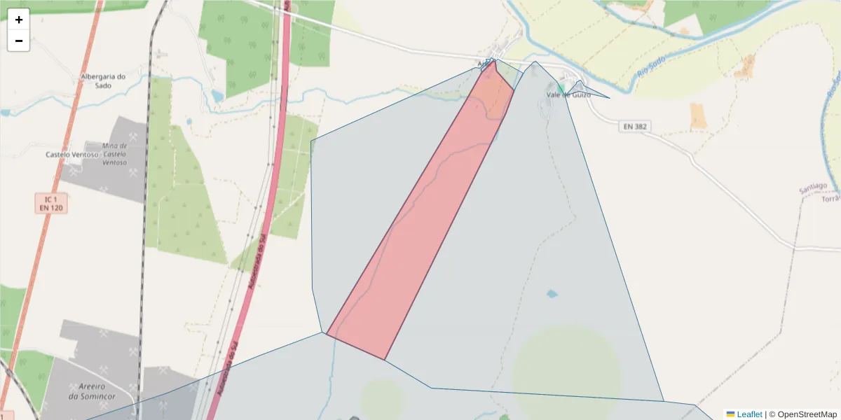 Mapa detalhado do código postal 7580-009 com limites, códigos postais vizinhos e agências dos correios