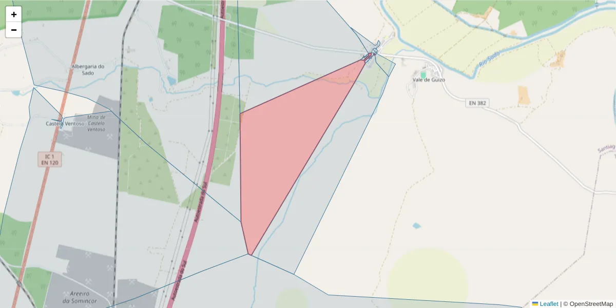 Mapa detalhado do código postal 7580-010 com limites, códigos postais vizinhos e agências dos correios