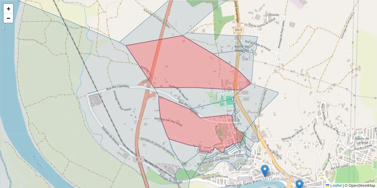 Mapa detalhado do código postal 7580-057 com limites, códigos postais vizinhos e agências dos correios