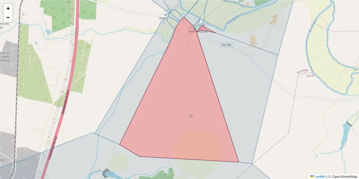 Mapa detalhado do código postal 7580-089 com limites, códigos postais vizinhos e agências dos correios