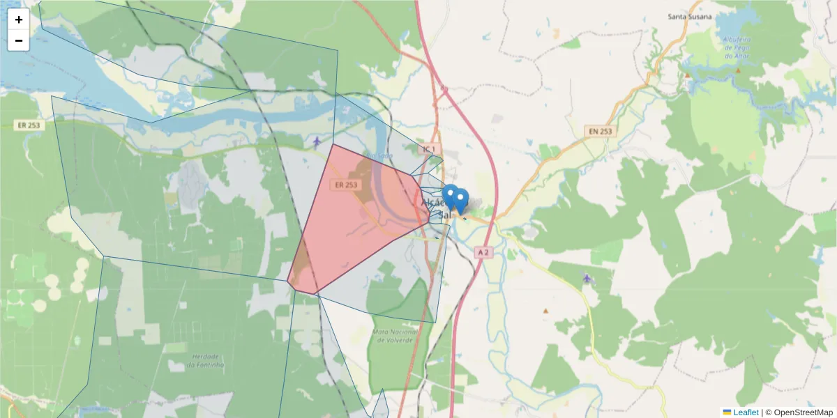 Mapa detalhado do código postal 7580-303 com limites, códigos postais vizinhos e agências dos correios