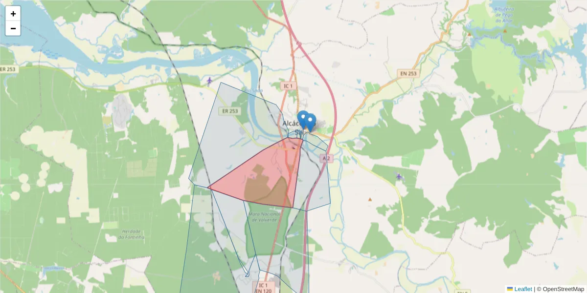 Mapa detalhado do código postal 7580-305 com limites, códigos postais vizinhos e agências dos correios