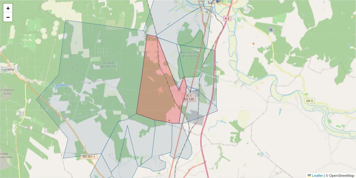 Mapa detalhado do código postal 7580-311 com limites, códigos postais vizinhos e agências dos correios