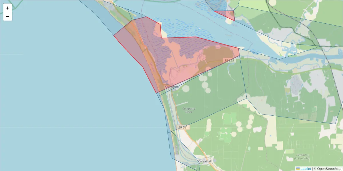 Mapa detalhado do código postal 7580-624 com limites, códigos postais vizinhos e agências dos correios