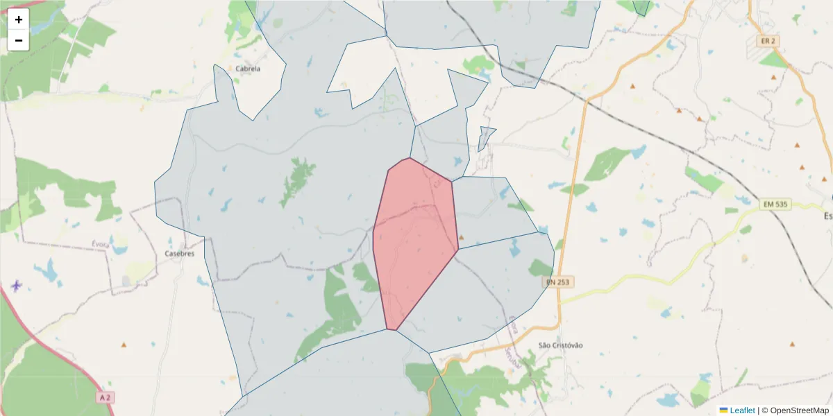 Mapa detalhado do código postal 7580-701 com limites, códigos postais vizinhos e agências dos correios