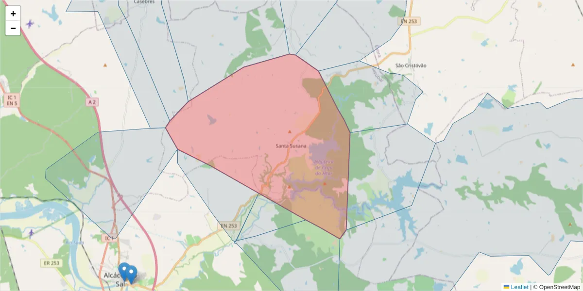 Mapa detalhado do código postal 7580-713 com limites, códigos postais vizinhos e agências dos correios